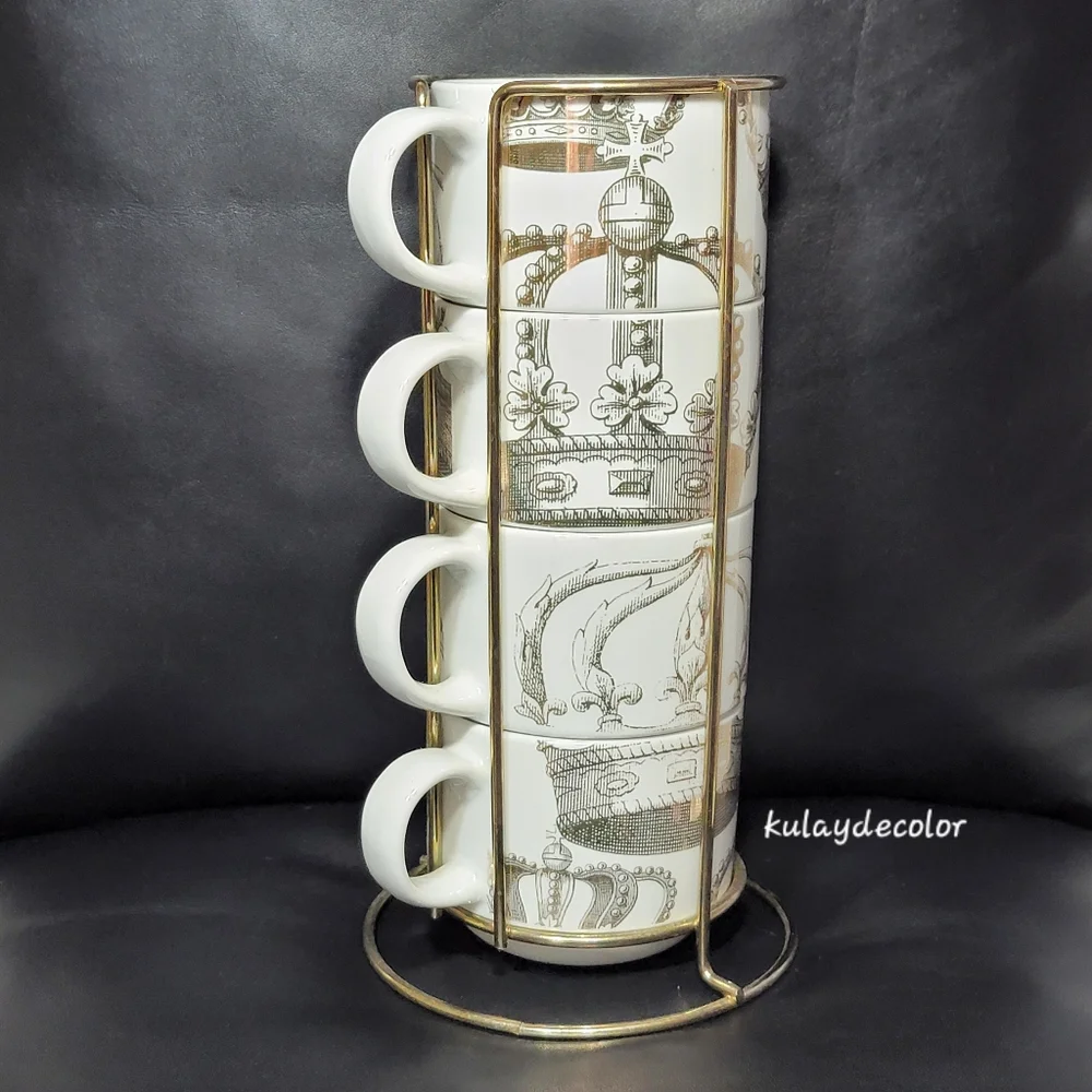 Pier 1 Imports Gold Crown Print Stacking Mugs Set w/ Gold Metal Rack Coffee Cups
